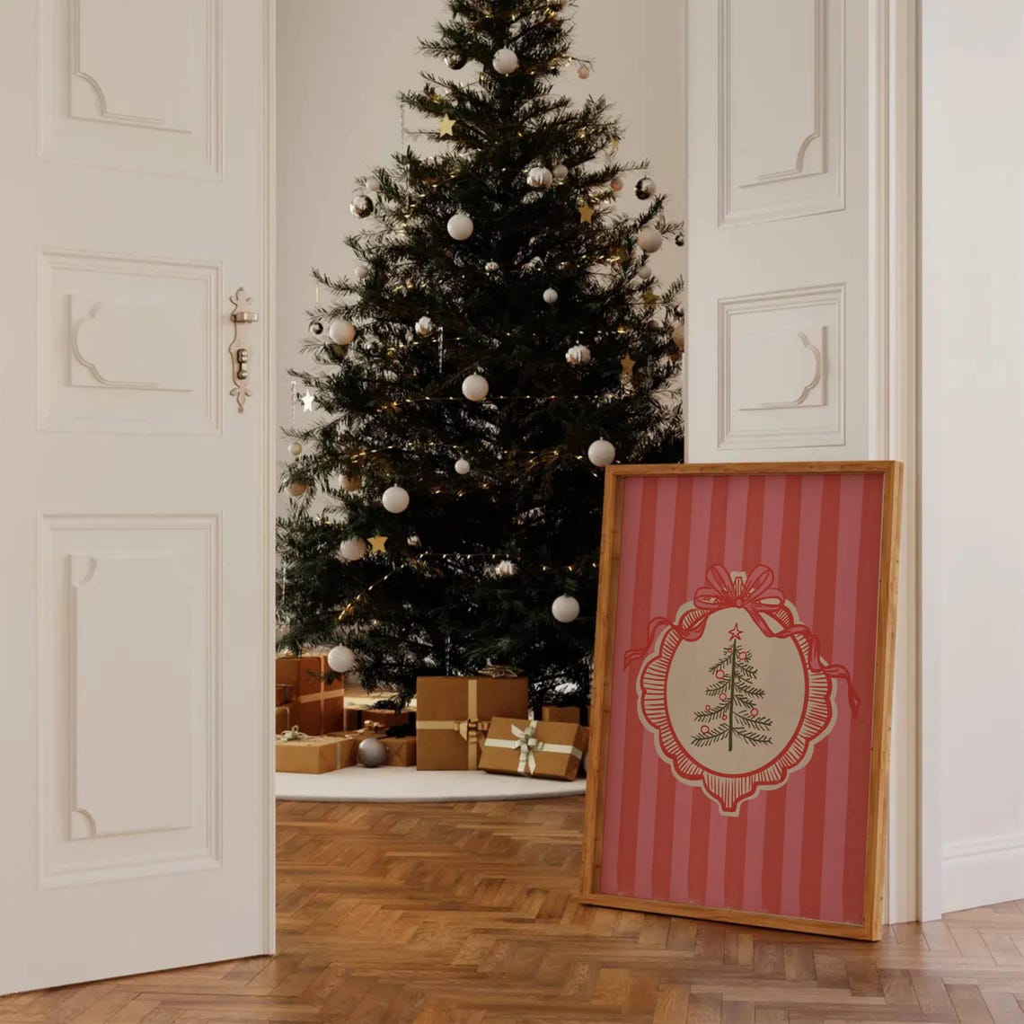 Vintage Ornament Christmas Tree Red Striped Ribbon Bow Poster - Image 2