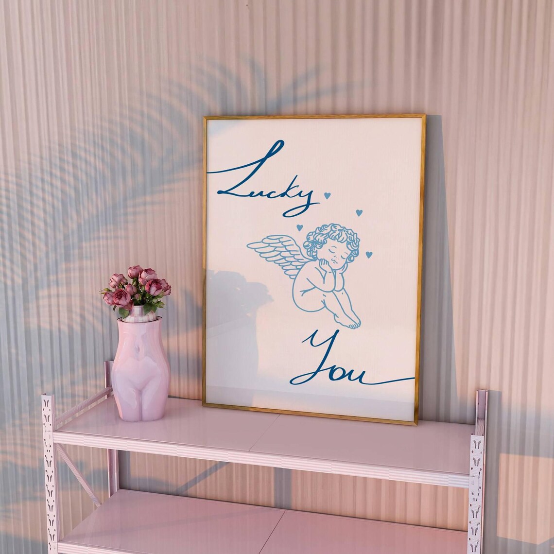 Lucky You Cherub Blue Line Art Dreamy Angel Affirmation Poster - Image 2