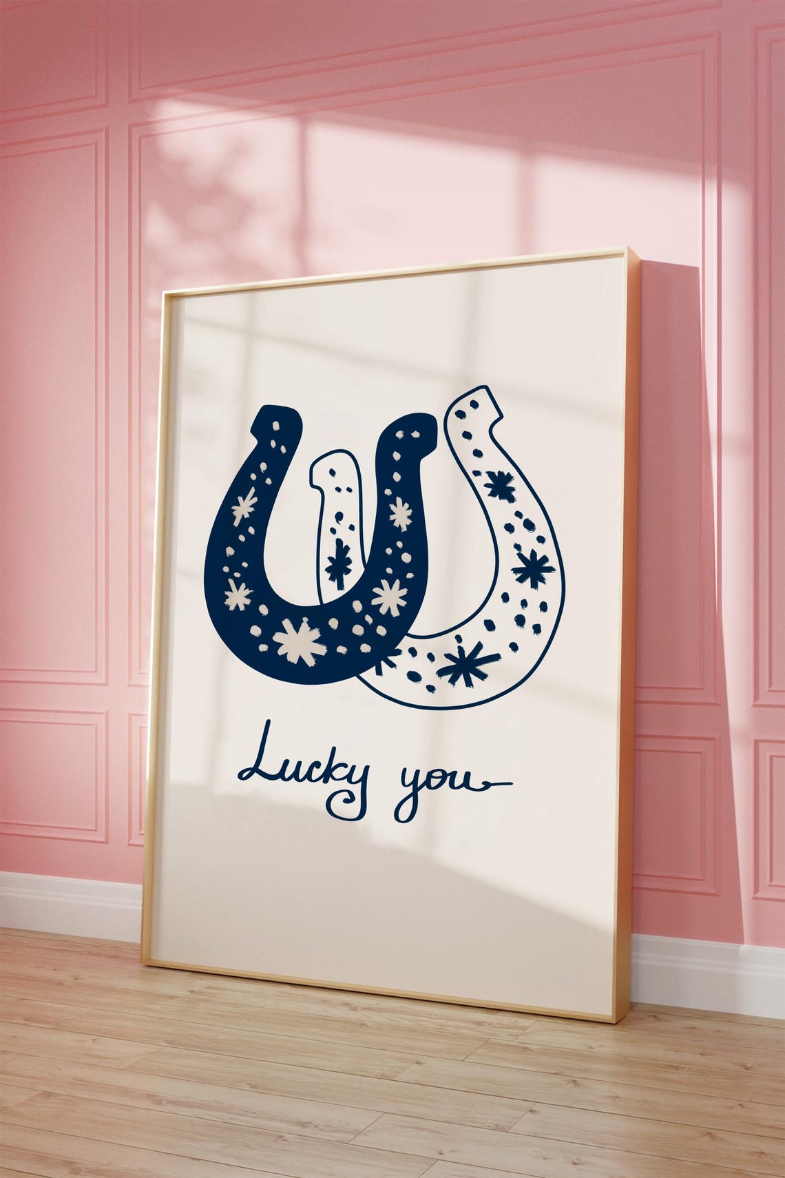 Lucky You Navy Floral Horseshoe Western Good Luck Charm Poster - Image 2