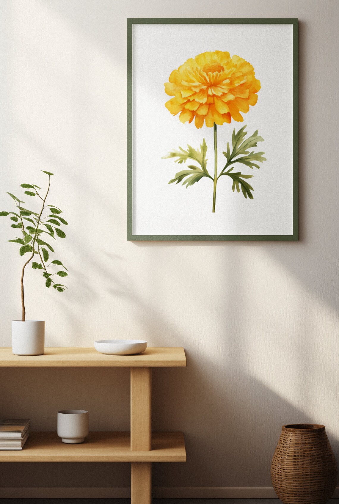 Yellow Marigold Pompon Bloom Watercolour Botanical Flower Poster - Image 2
