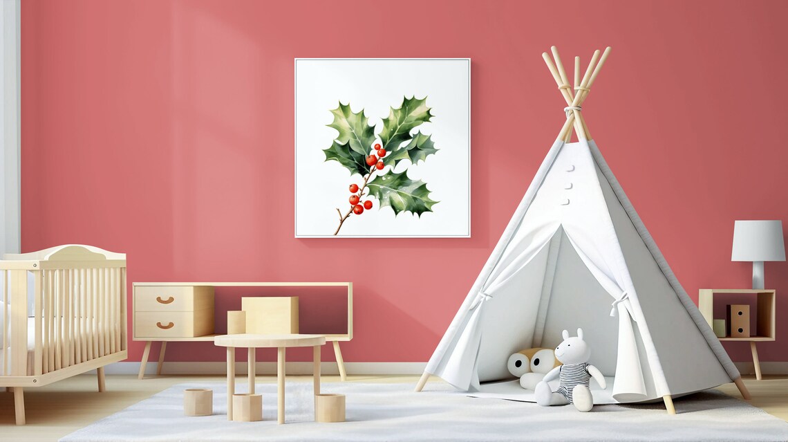 Holly Branch With Red Berries Classic Festive Watercolor Art Poster - Image 2