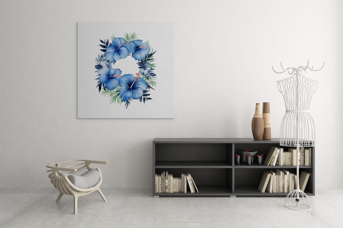 Blue Hibiscus Floral Wreath Serene Calming Watercolor Art Poster - Image 9