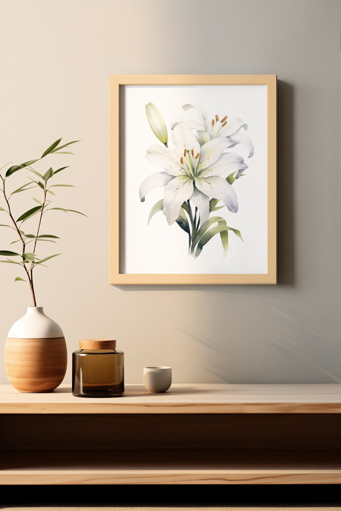 White Lily Blossoms With Buds Serene Peaceful Watercolor Art Poster - Image 3