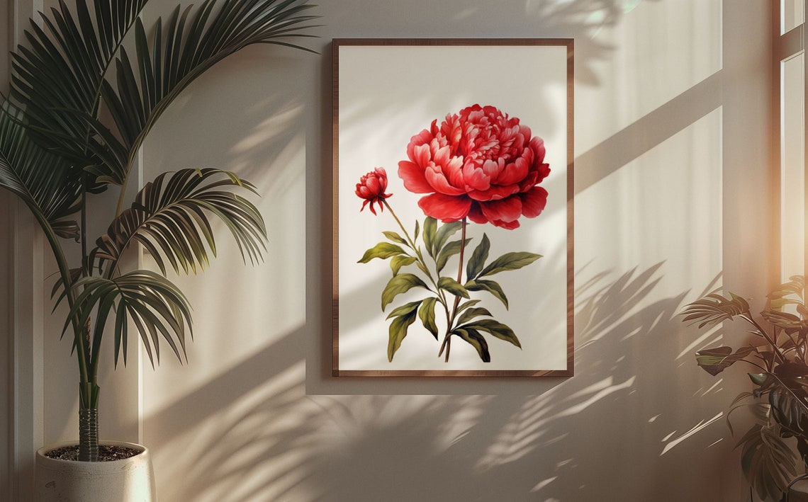 Red Peony Bloom with Bud Watercolour Botanical Flower Poster - Image 6