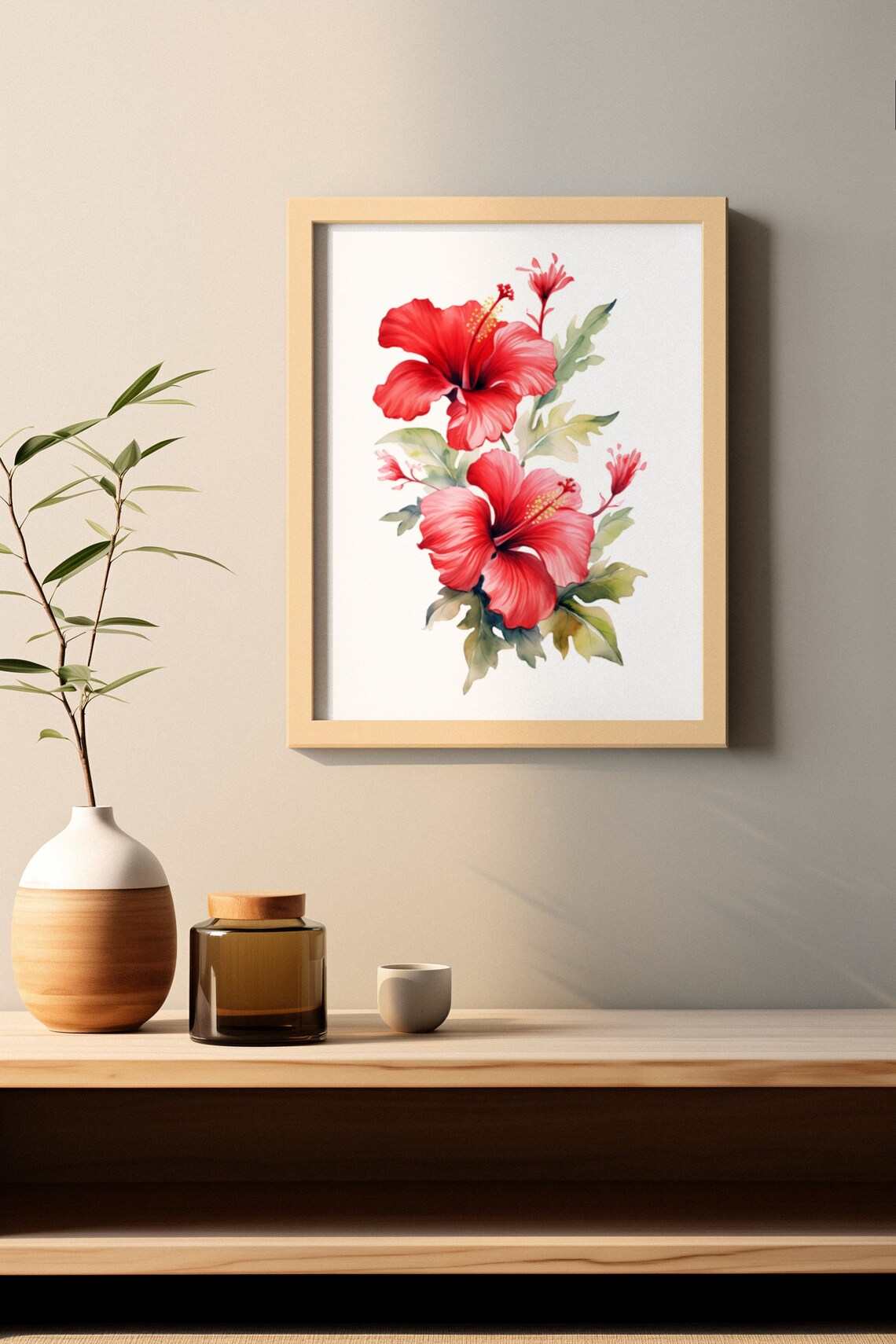 Red Hibiscus Pair With Foliage Exotic Lush Watercolor Art Poster - Image 2