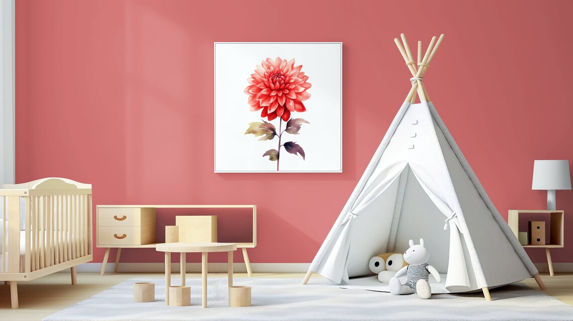Glowing Coral Red Dahlia Bloom Watercolour Botanical Art Poster - Image 3