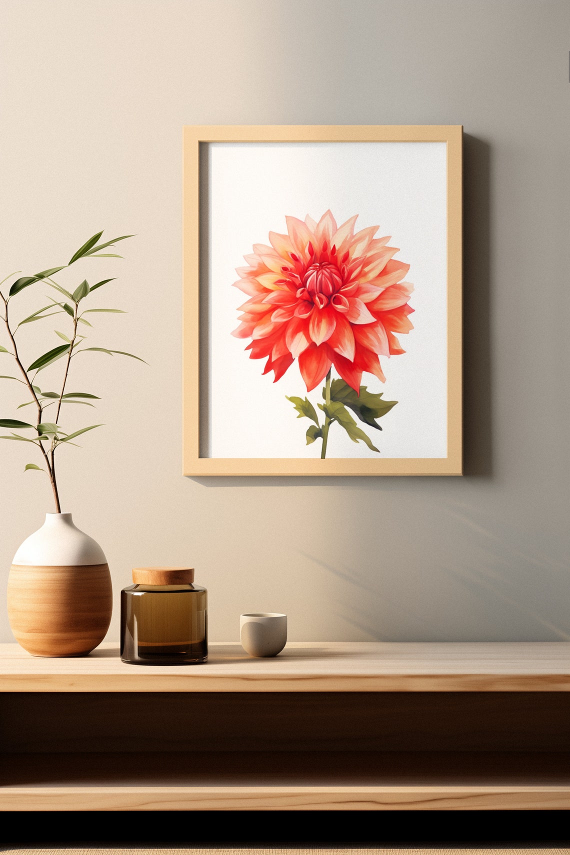 Crimson Red Dahlia Peach Highlight Watercolour Botanical Art Poster - Image 2
