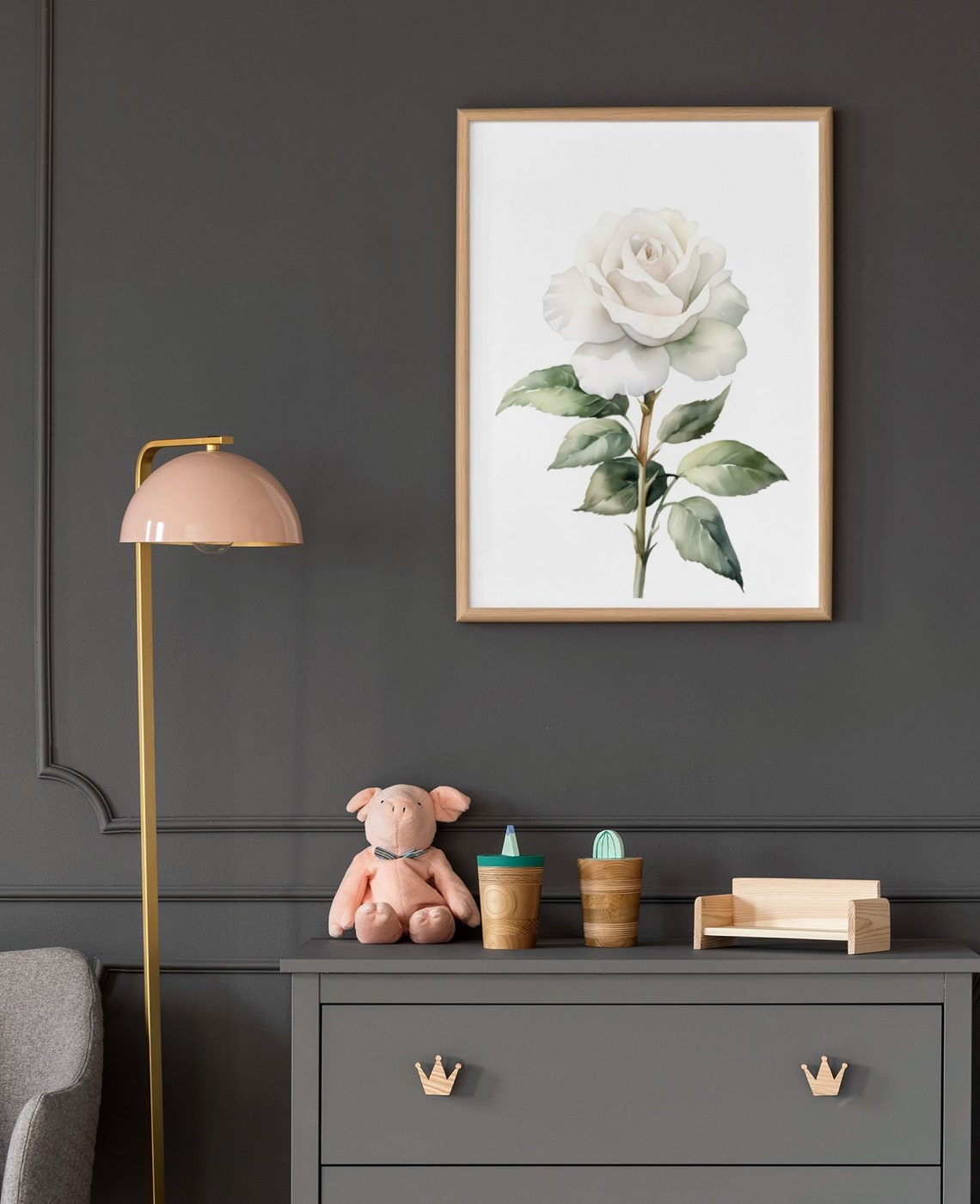 Single White Rose Timeless Watercolor Botanical Flower Art Poster - Image 3