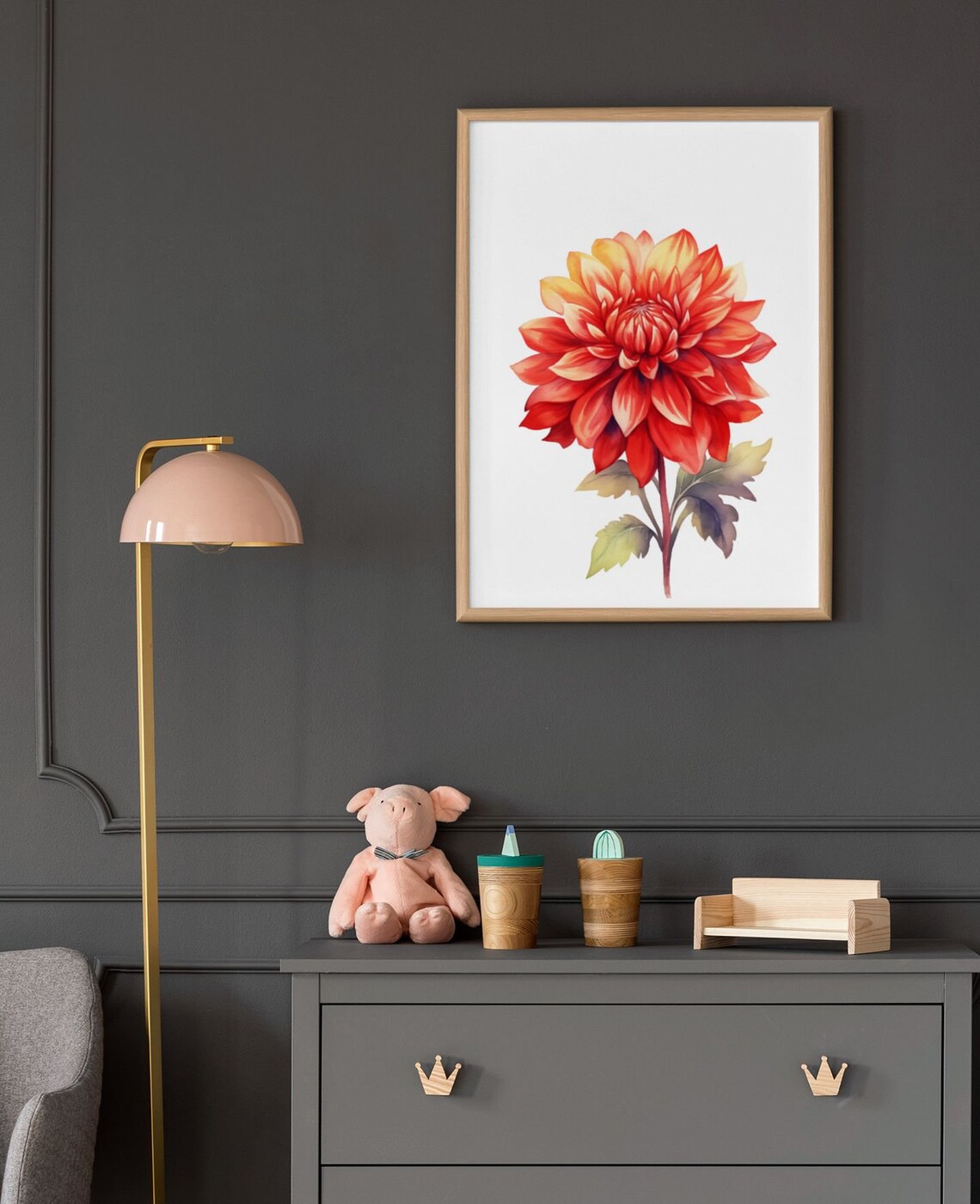 Flame Red Orange Dahlia Golden Tip Watercolour Botanical Art Poster - Image 9