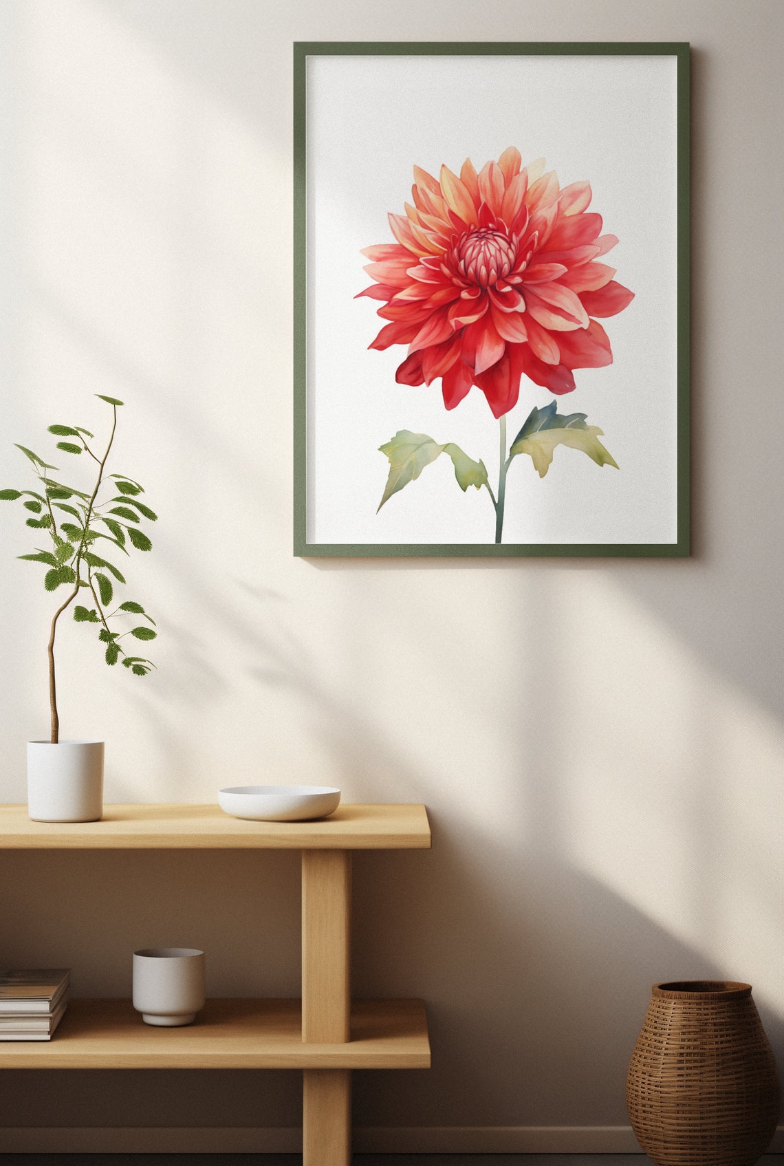 Bright Flame Dahlia Red Orange Watercolour Botanical Art Poster - Image 4