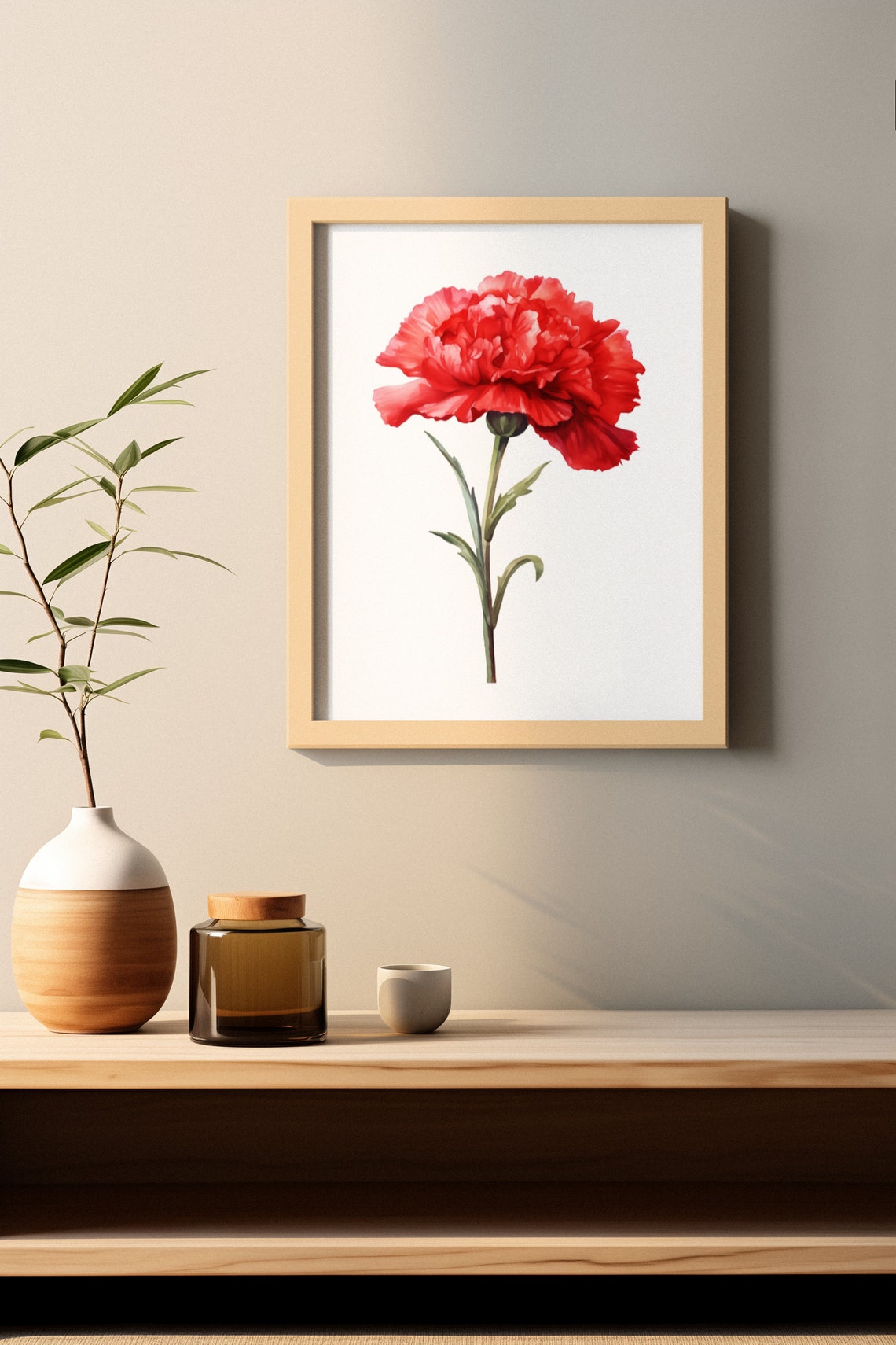 Red Carnation Tall Stem Classic Elegant Watercolor Botanical Poster - Image 2