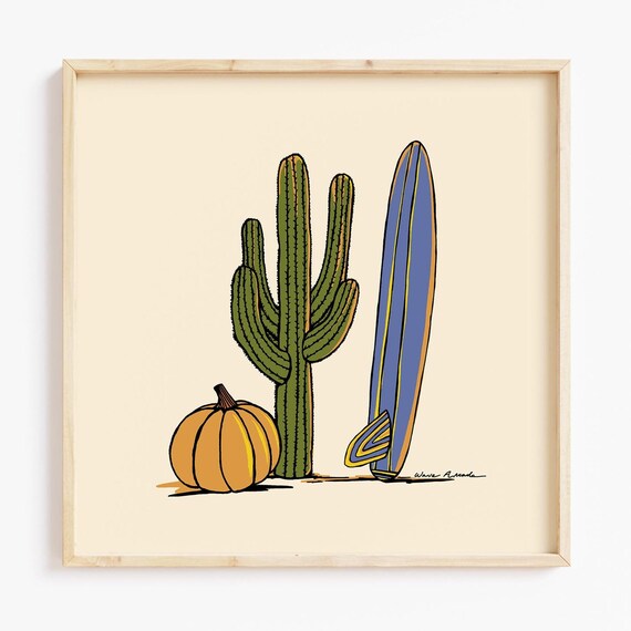 Saguaro Cactus Pumpkin Longboard Desert Cowgirl Fall Surf Art Poster