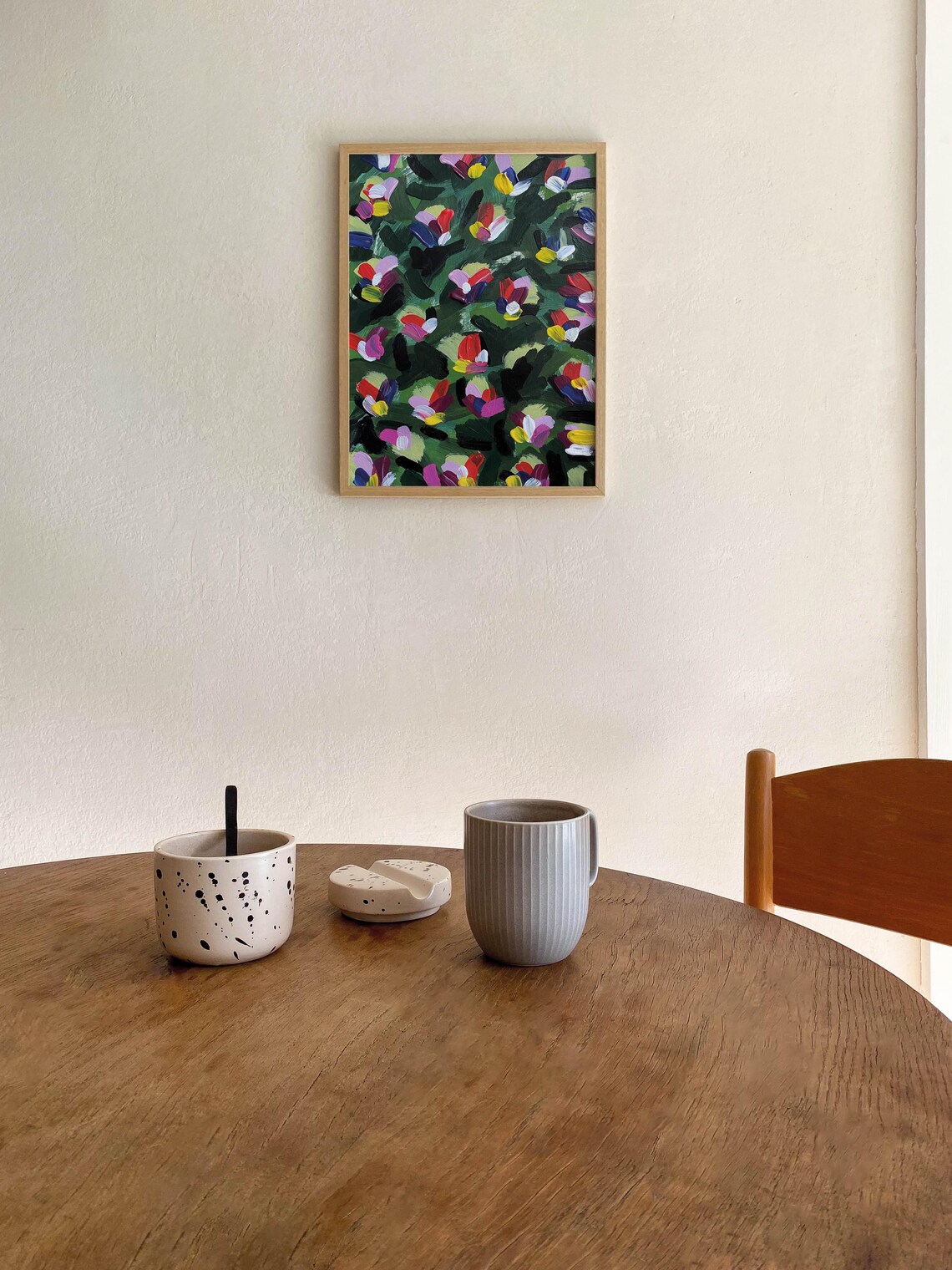Colorful Impasto Blossoms on Dark Green Abstract Floral Poster - Image 2