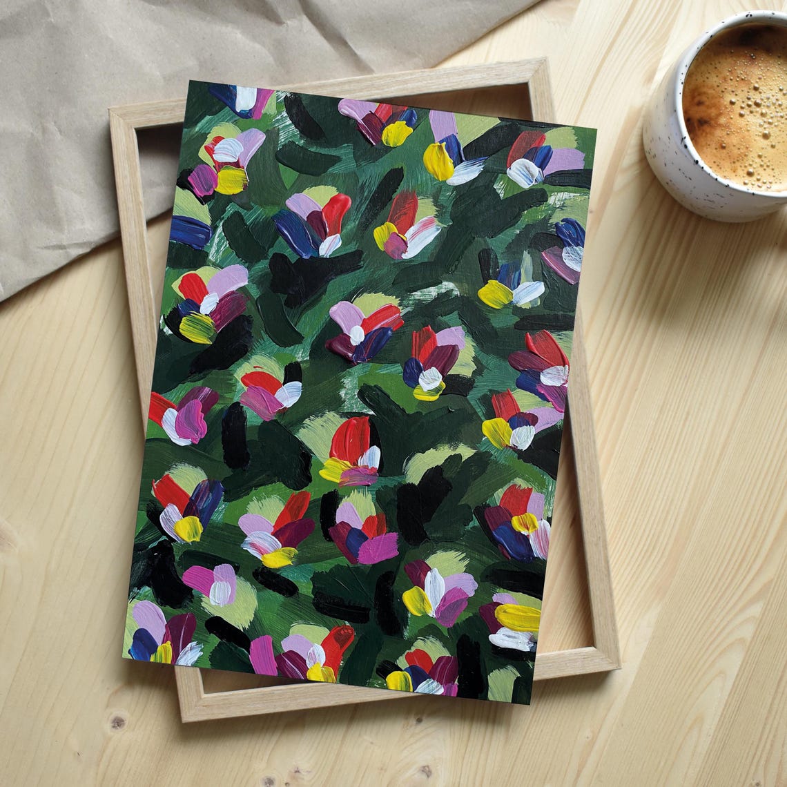 Colorful Impasto Blossoms on Dark Green Abstract Floral Poster - Image 3