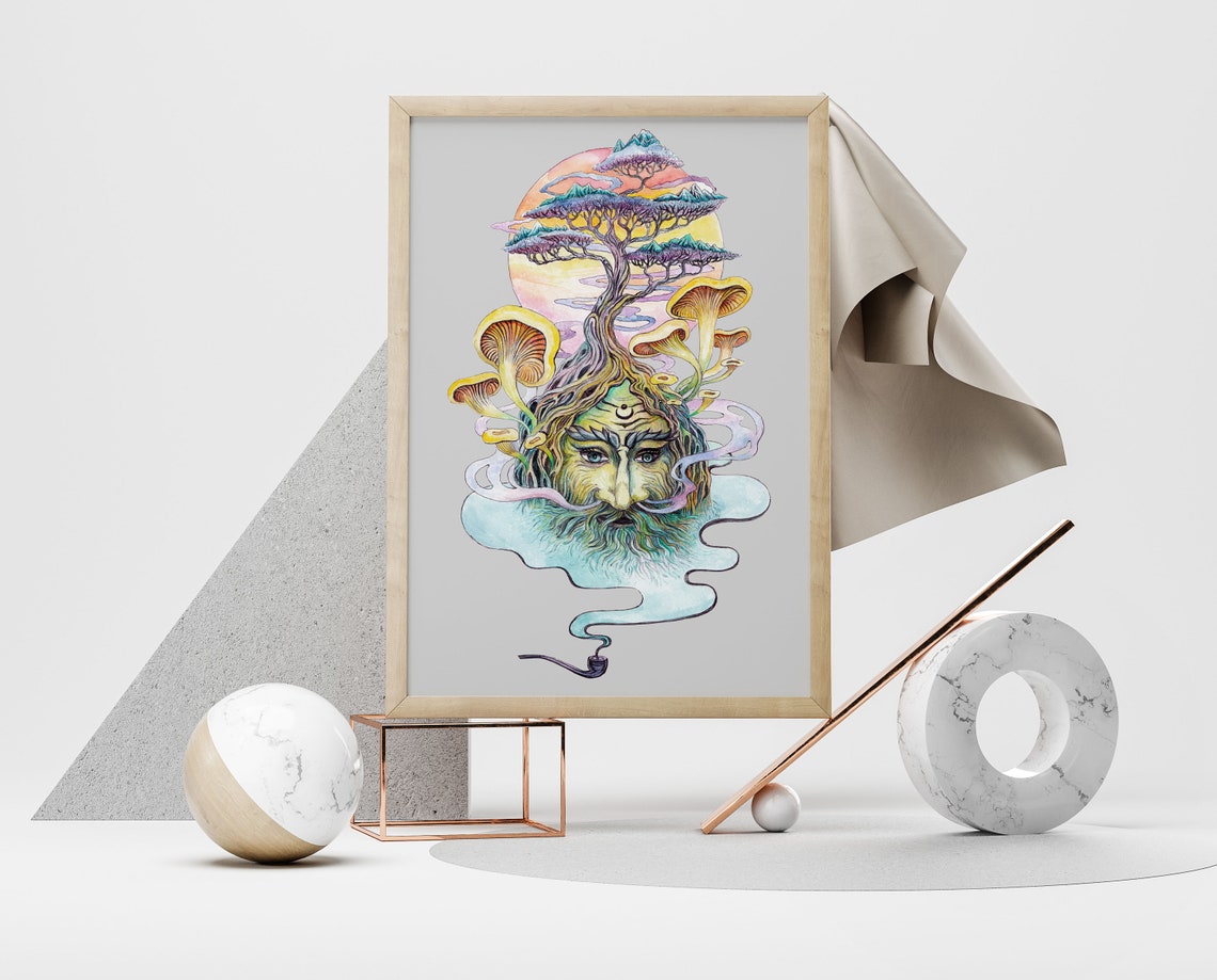 Bearded Man Face With Tree And Mushrooms Surreal Fantasy Art Poster - Image 2