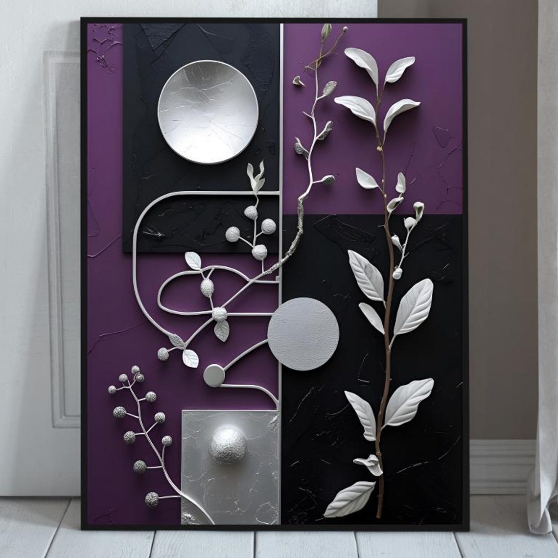 Plum Purple Silver Black Geometric Botanical Abstract Art Poster