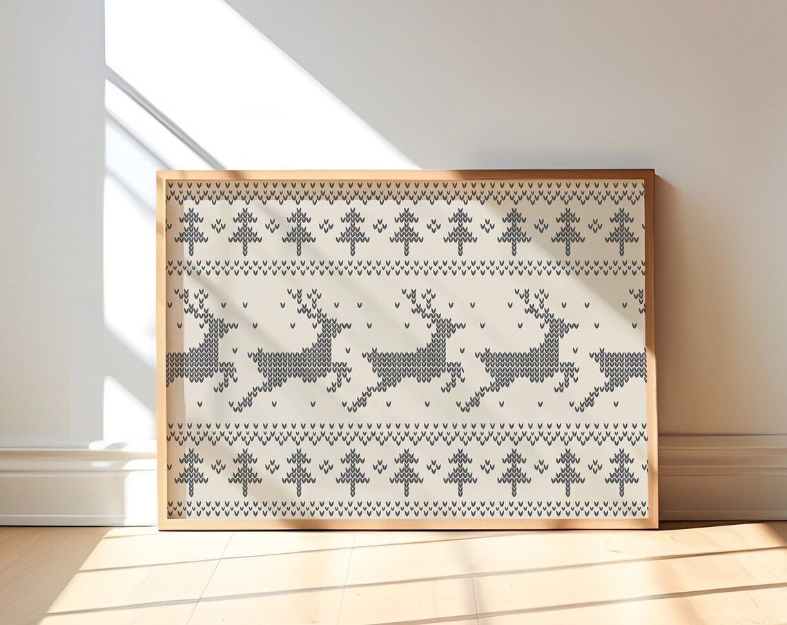 Reindeer Fair Isle Knit Christmas Pattern Horizontal Beige Poster