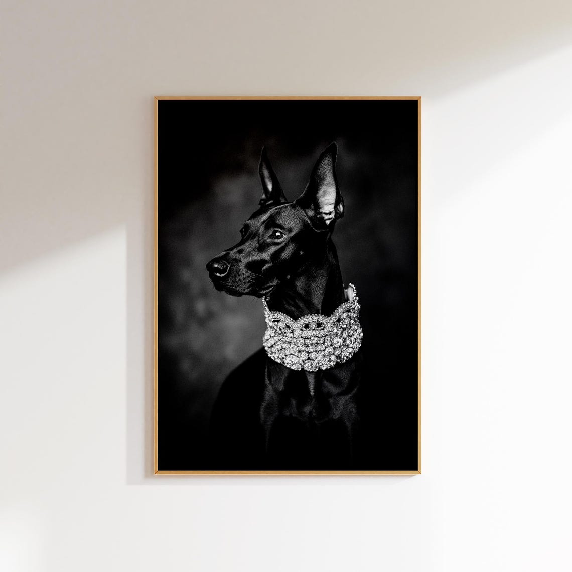 Old Money Doberman Diamond Collar Black and White Dog Poster
