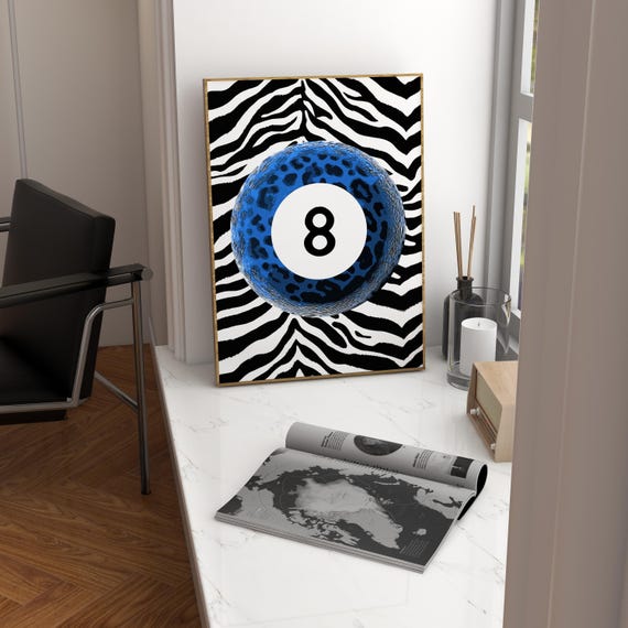 Eight Ball Leopard Print Navy Blue Wall Art Dorm Room Decor Zera Stripes Cool Funky Home Trendy Living