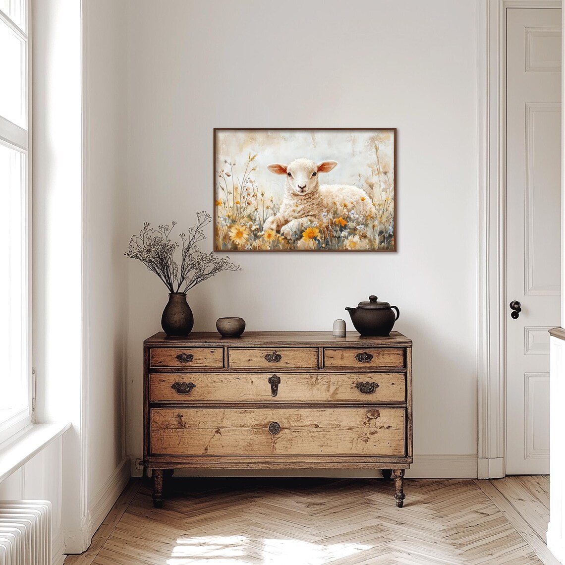 Lamb Resting In Soft Wildflower Meadow Gentle Watercolor Poster - Image 4