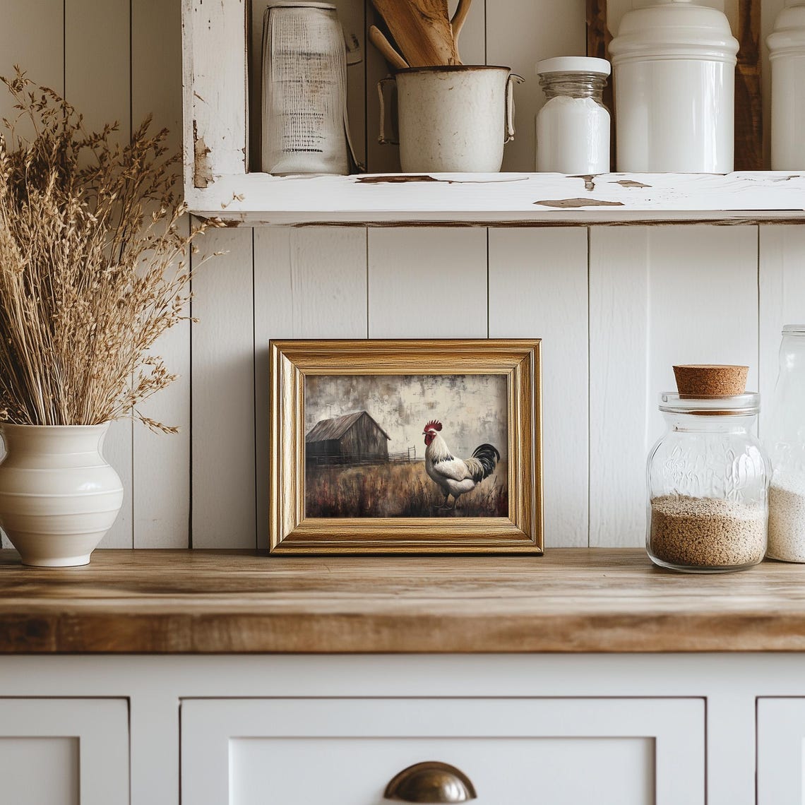 White Rooster Before Weathered Barn Moody Farmyard Oil Poster - Image 5