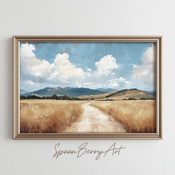 Blue Sky Path Painting Instant Vintage Wall Decor Custom Art Print Oil Paint Cottagecore Decor