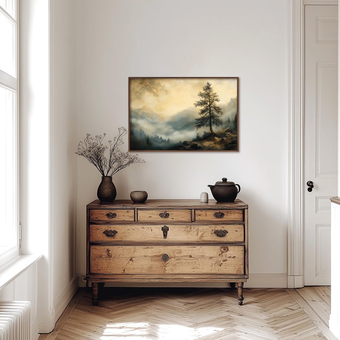 Misty Mountain Valley Lone Pine Tree Atmospheric Morning Poster - Image 3
