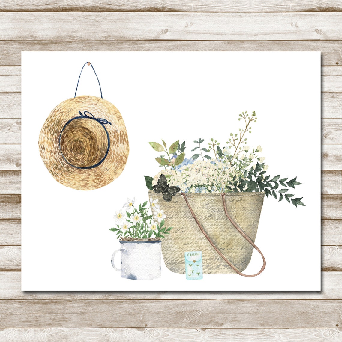 Straw Hat Market Tote Wildflowers Watercolor Garden Decor Poster - Image 10