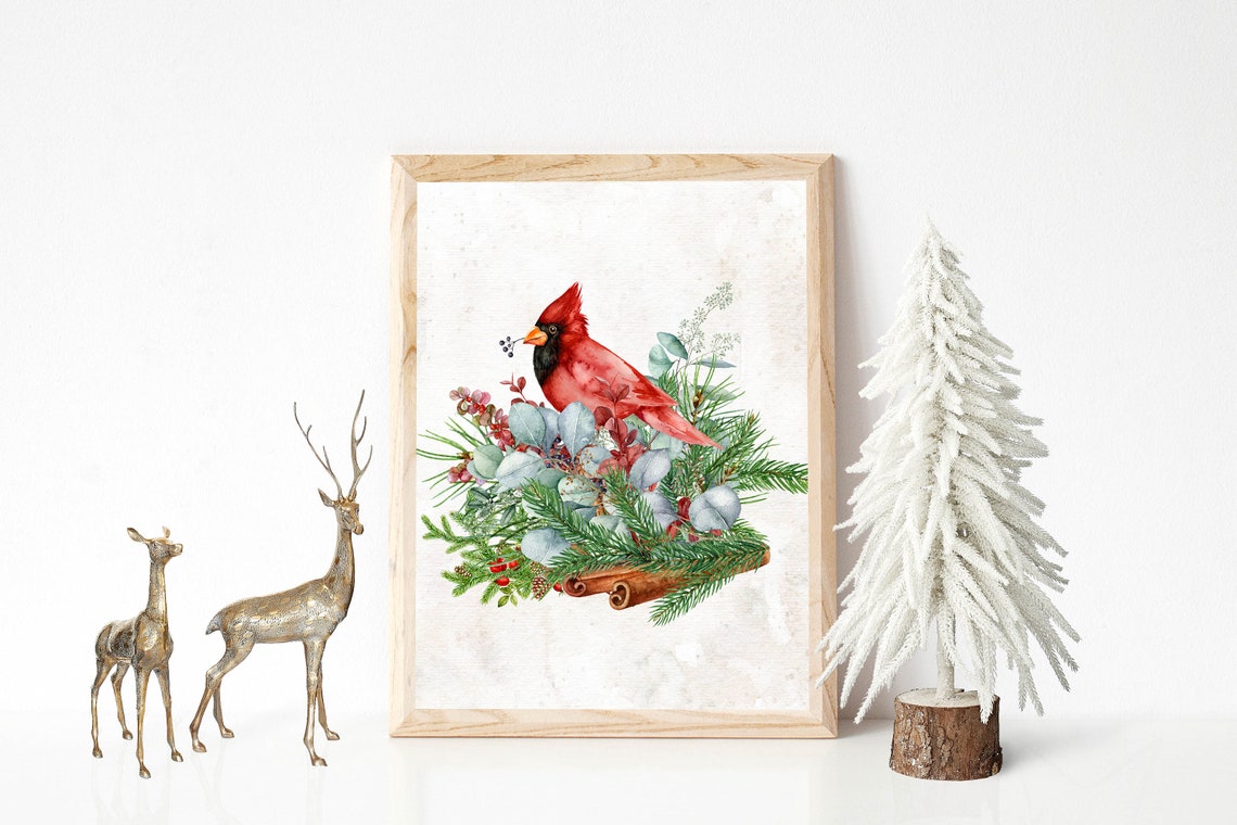 Red Cardinal Winter Greenery Bouquet Watercolor Christmas Wall Art - Image 2
