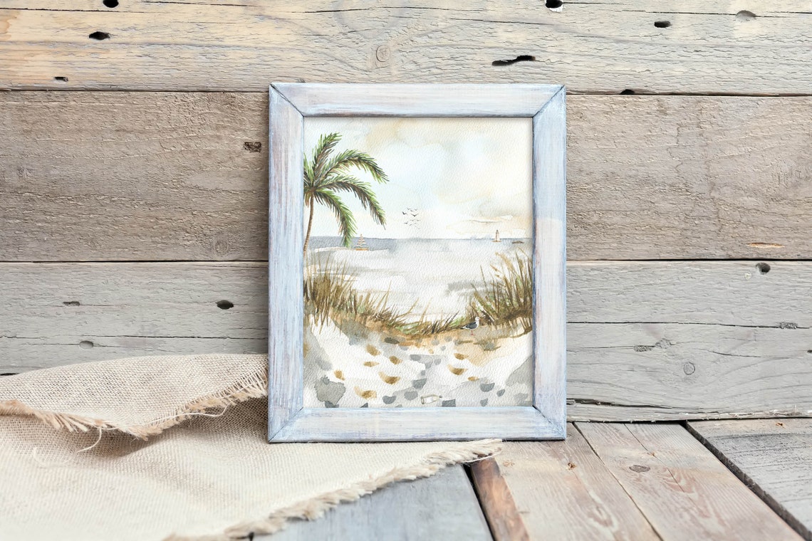 Beach Watercolor Seashore Palm Tree Seagull Sailboat Lighthouse Poster - Image 5