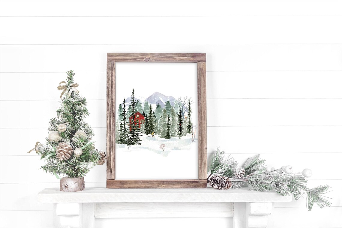 Snowy Red Cabin Watercolor Mountain Woodland Winter Landscape Poster - Image 3