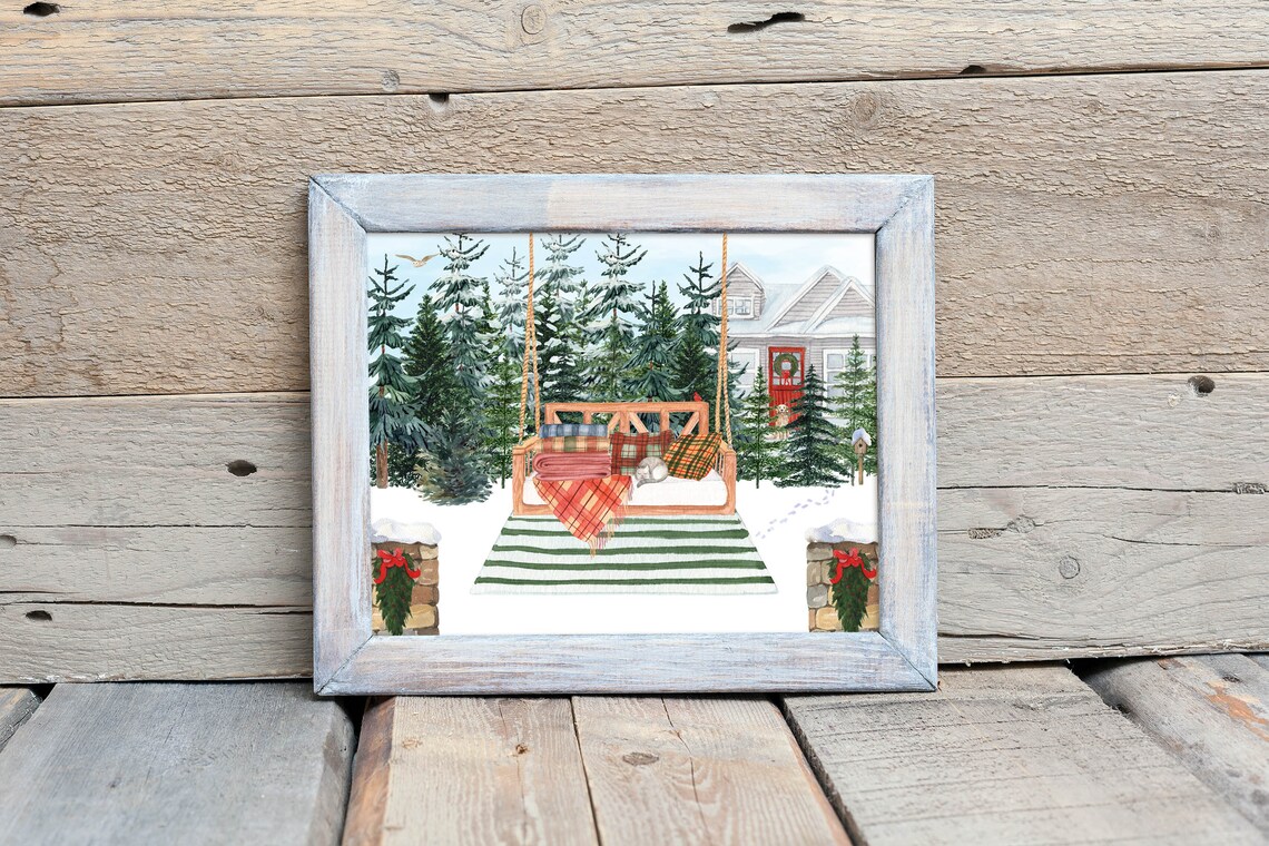 Snowy Porch Swing With Sleeping Cat Christmas Cabin Scene Wall Art - Image 3