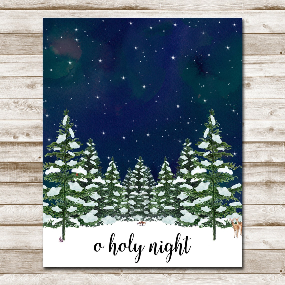 O Holy Night Starry Sky Watercolor Snowy Pine Forest Christmas Poster - Image 4