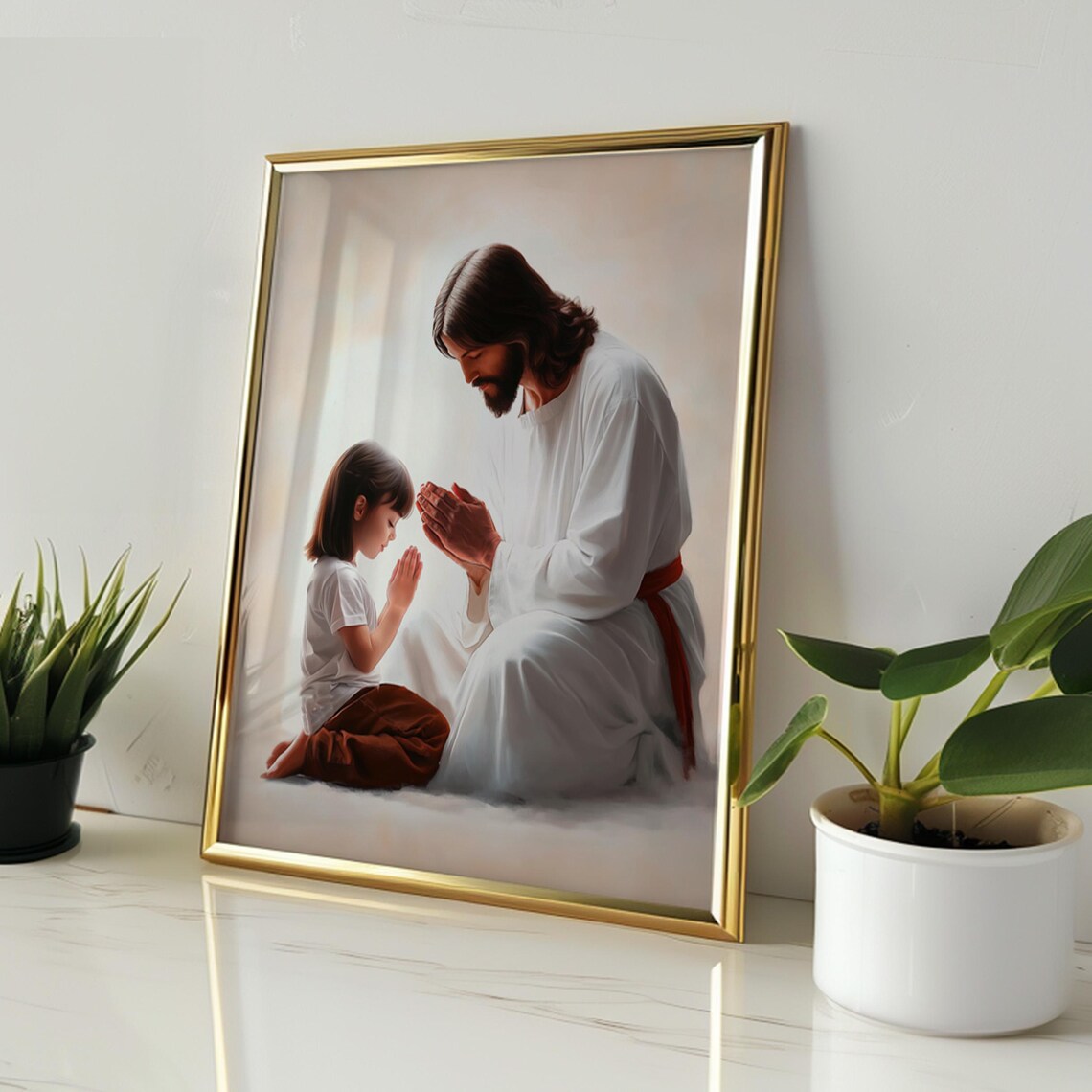 Jesus Praying With A Little Girl Religious Christian Art Poster - Image 2
