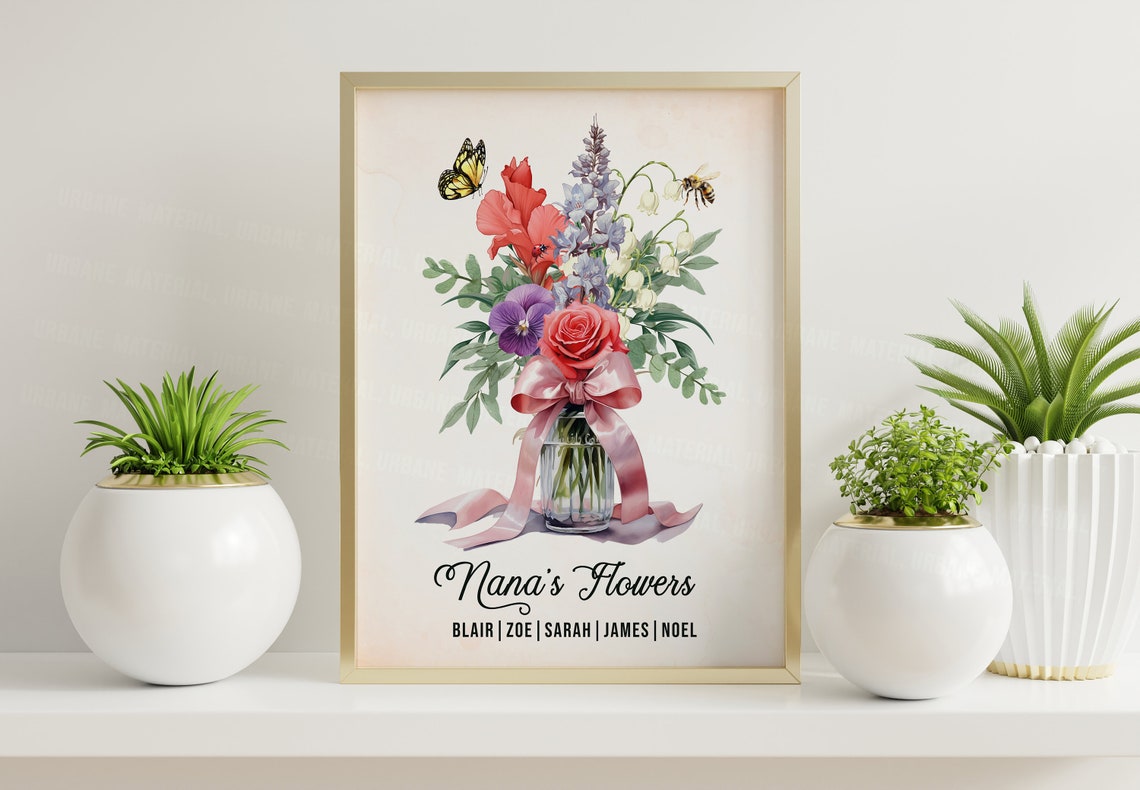 Nana's Flowers Personalized Family Bouquet Glass Vase Gift Poster