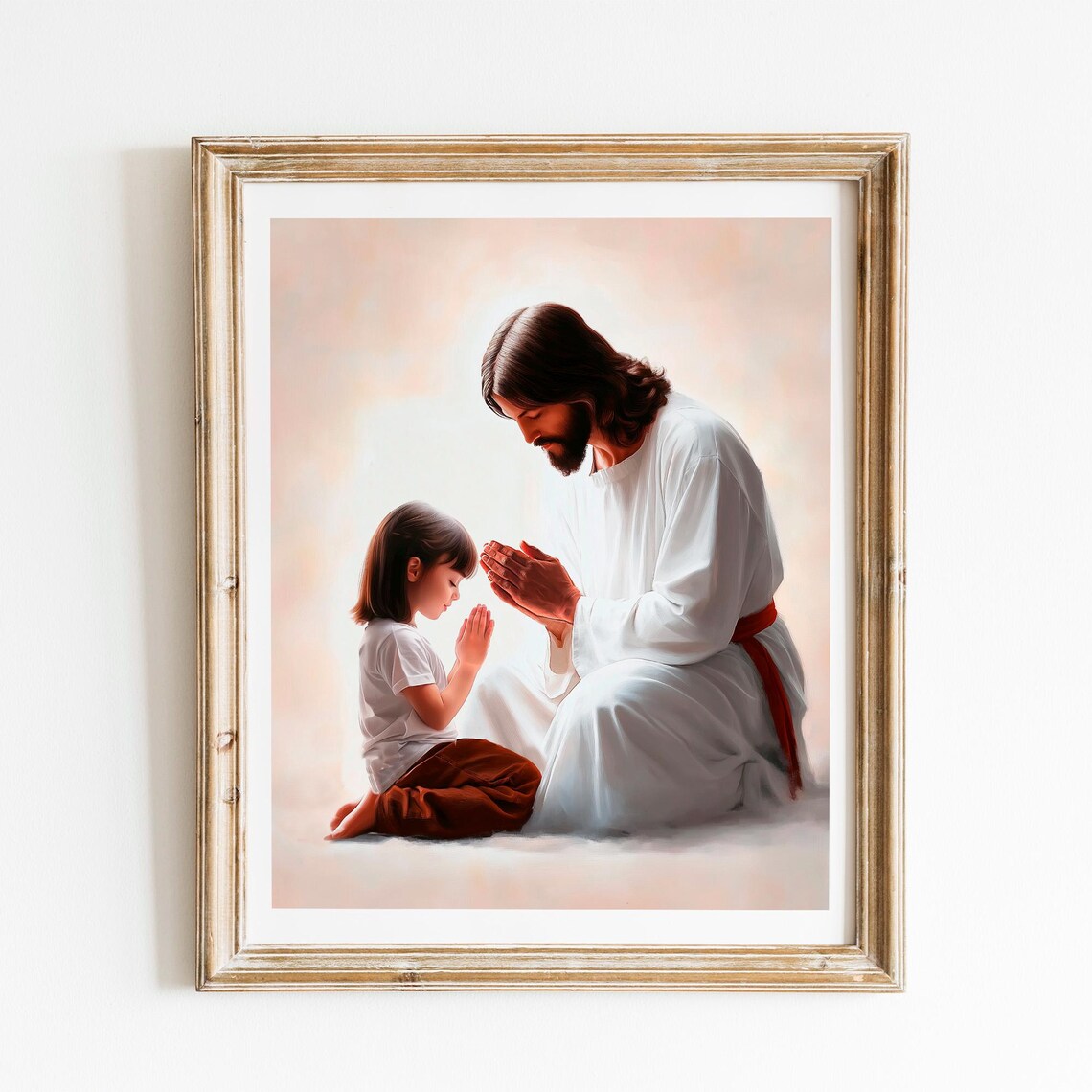 Jesus Praying Beside A Little Girl Christian Faith Art Poster