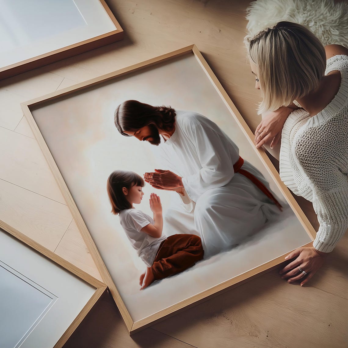 Comforting Jesus And A Little Girl Praying Together Wall Art - Image 4