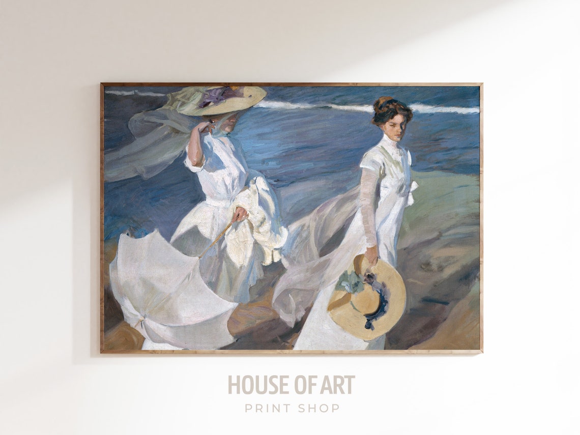 Coastal Female Portrait Print Women On The Beach Painting Beach Promenade Vintage Fashion Illustration Gallery Wall Wall Art