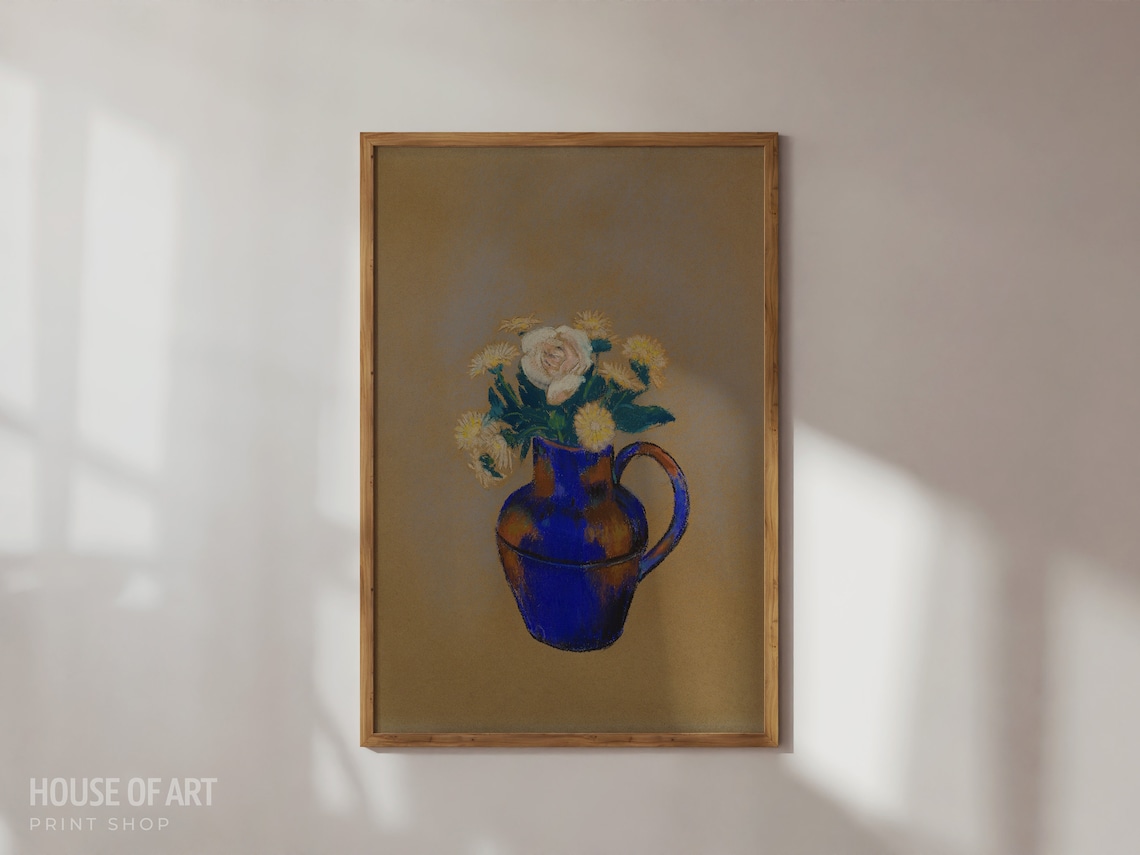 White Rose Bouquet In Blue Cobalt Jug Floral Still Life Art Print
