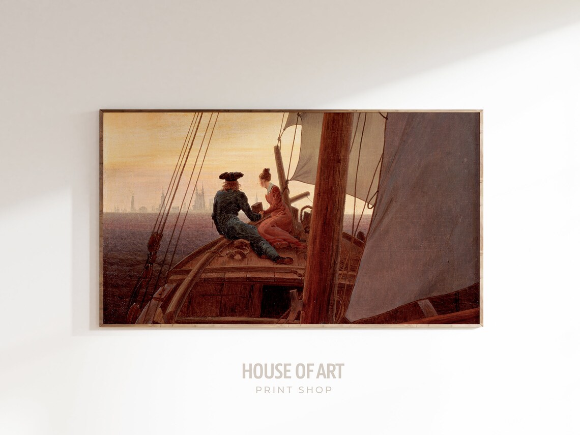 Frame Tv Art 4k Vintage Sailboat Oil Painting Couple Sailing Holding Hands Out At Sea Love Sails Ocean Seascape Skyline
