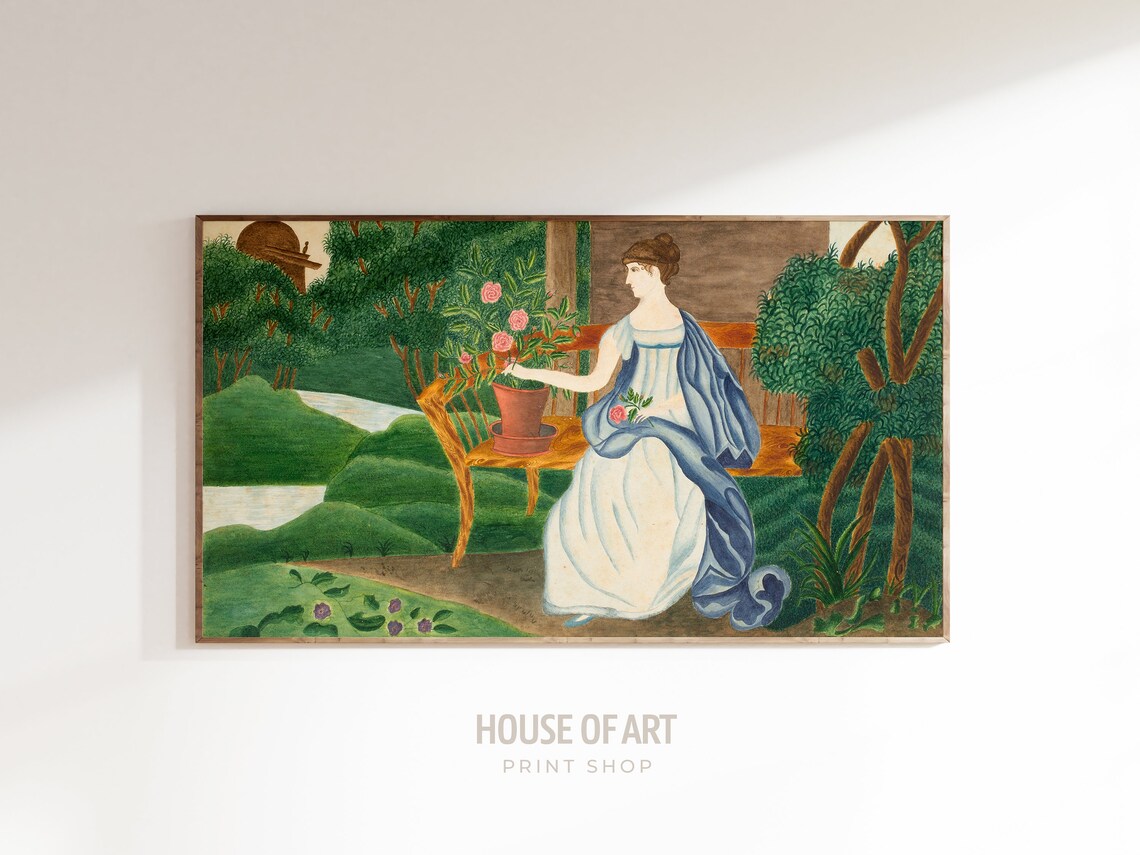 Woman Sitting Garden Bench Vintage Naive Painting Green Greenery Poster - Image 3