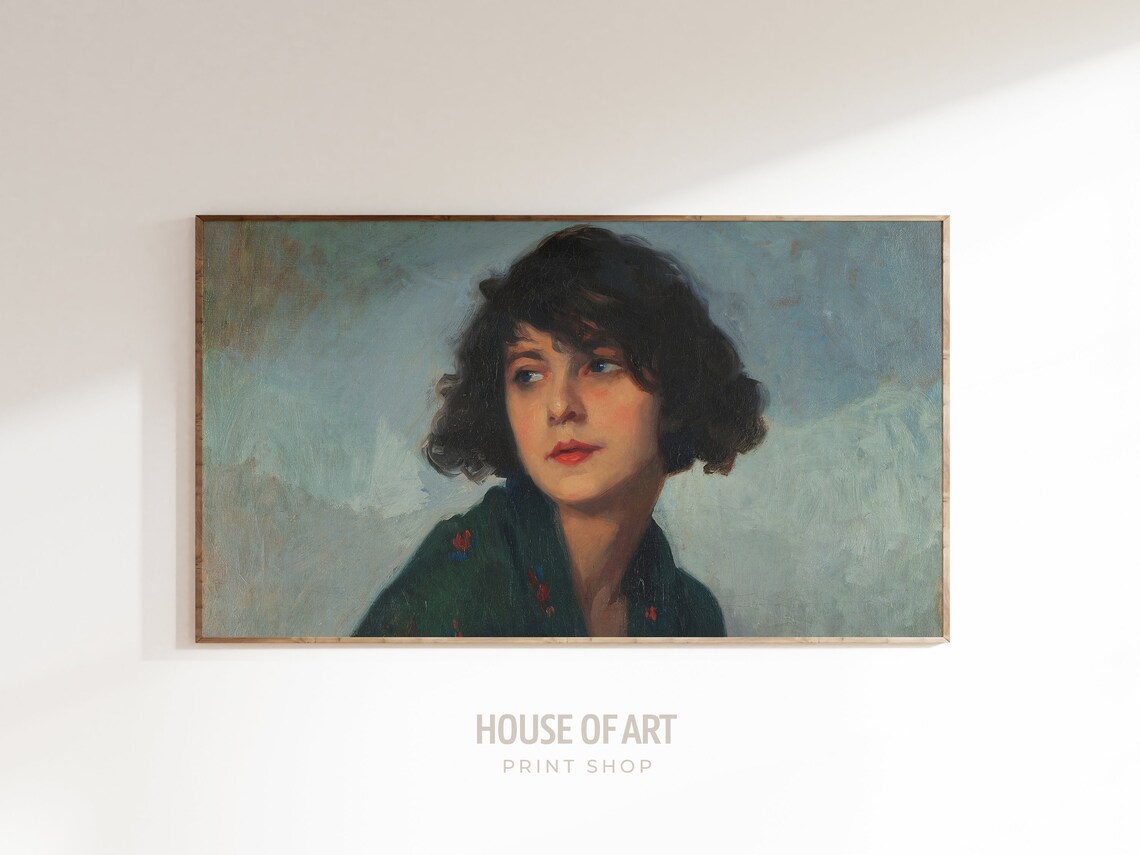 Vintage Young Woman Portrait Dark Curls Green Scarf Oil Painting Poster - Image 3