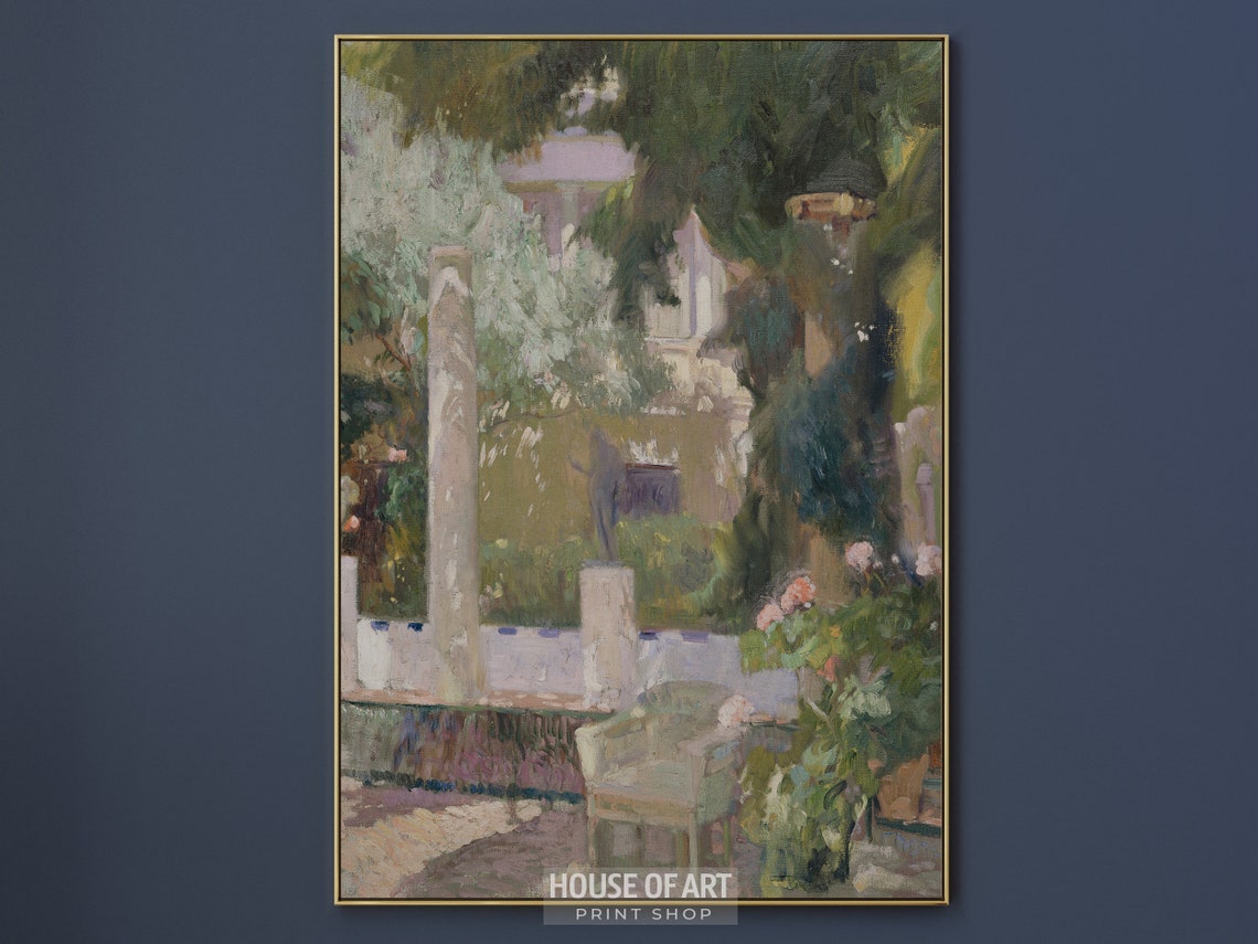 Garden Scene Artwork Sunlight Through Plants Instant Print Spanish Architecture Oil Painting Colors Shadows - Image 3