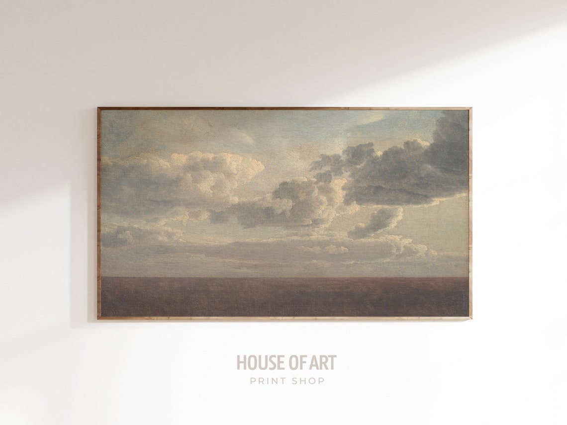 Vintage Clouds Painting Neutral Grey Sky Over Moor Romantic Art Print - Image 3