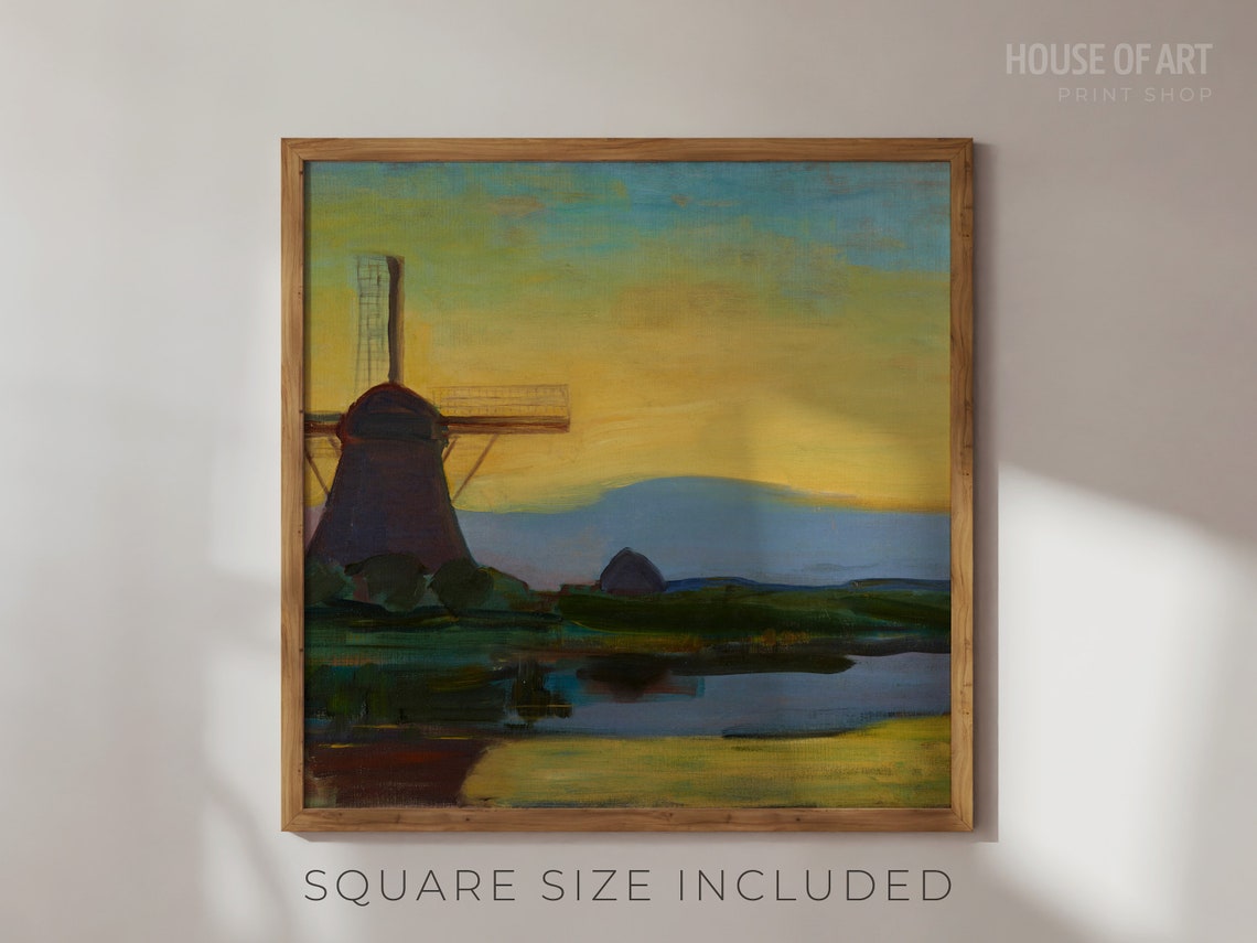 Windmill Golden Sunset Blue Water Reflection Dutch Landscape Poster - Image 2