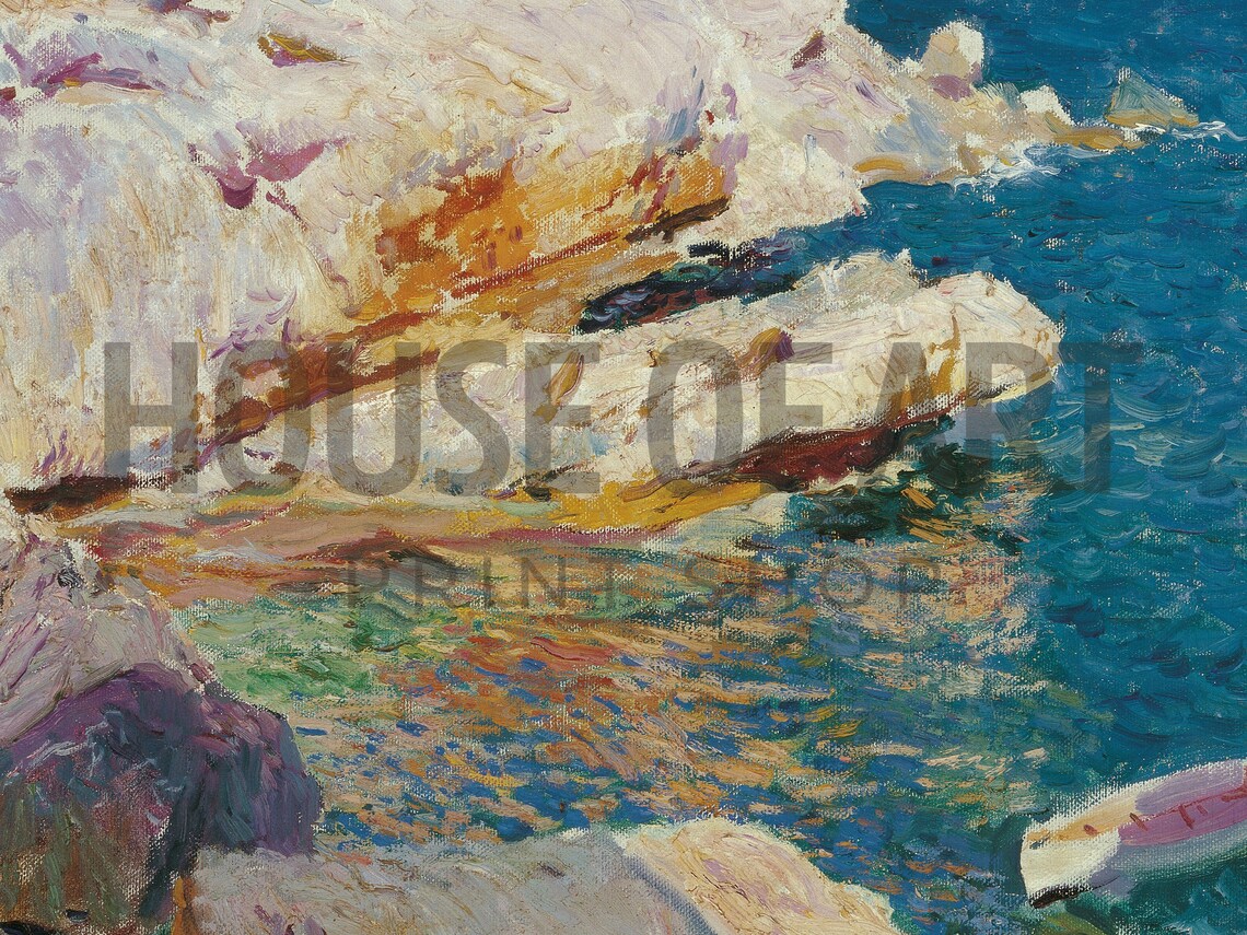 Mediterranean Rocky Coast White Boat Impressionist Oil Painting Print - Image 2