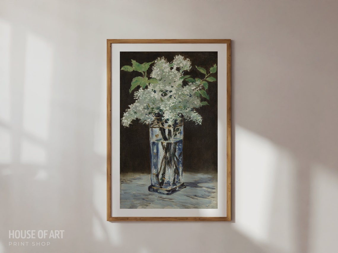 White Lilacs Glass Vase Vintage Botanical Oil Still Life Poster