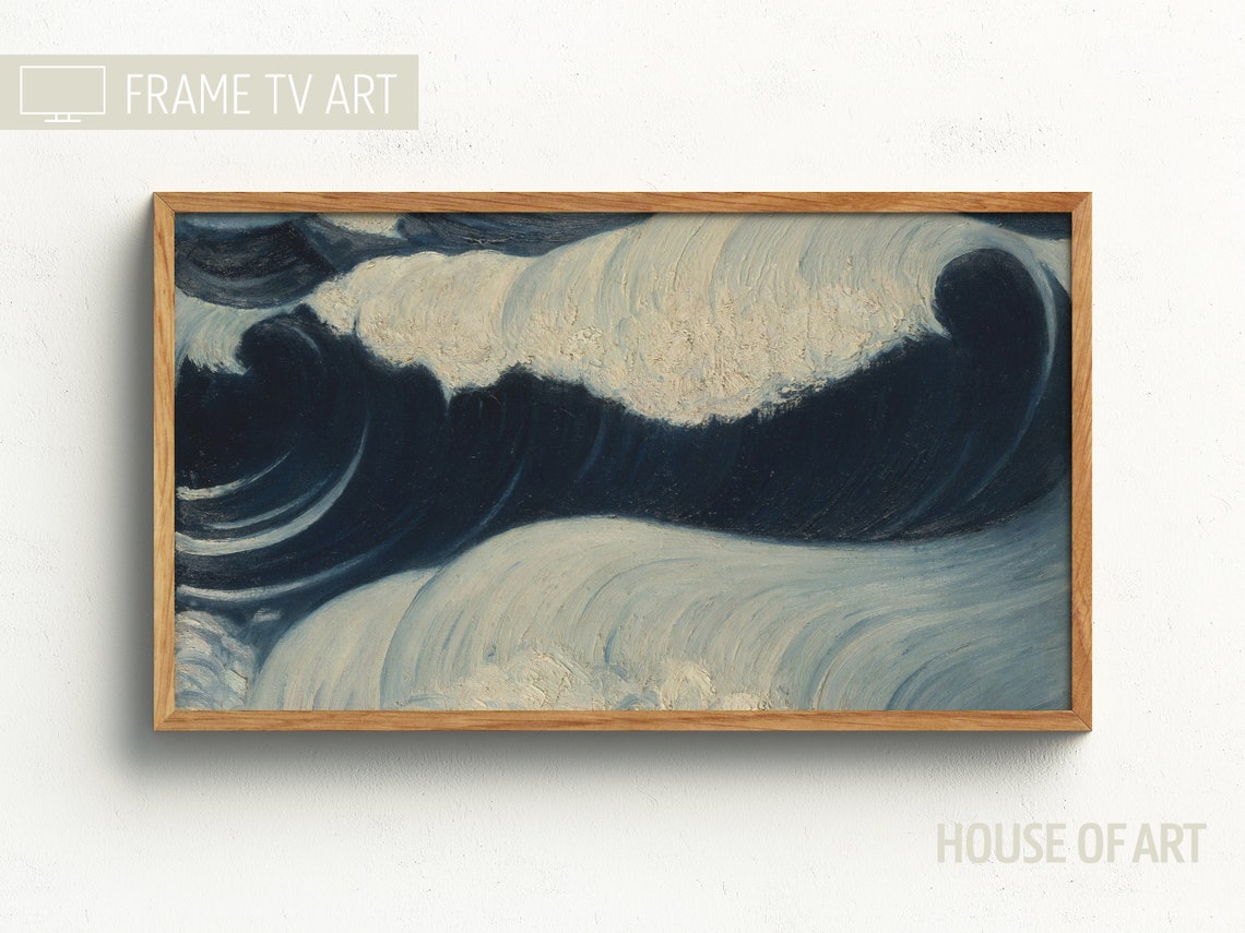 Dynamic Ocean Waves Painting Navy Blue Crashing Surf Vintage Art Print