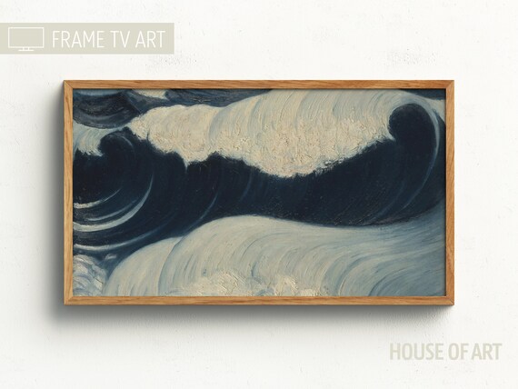 Dynamic Ocean Waves Painting Navy Blue Crashing Surf Vintage Art Print