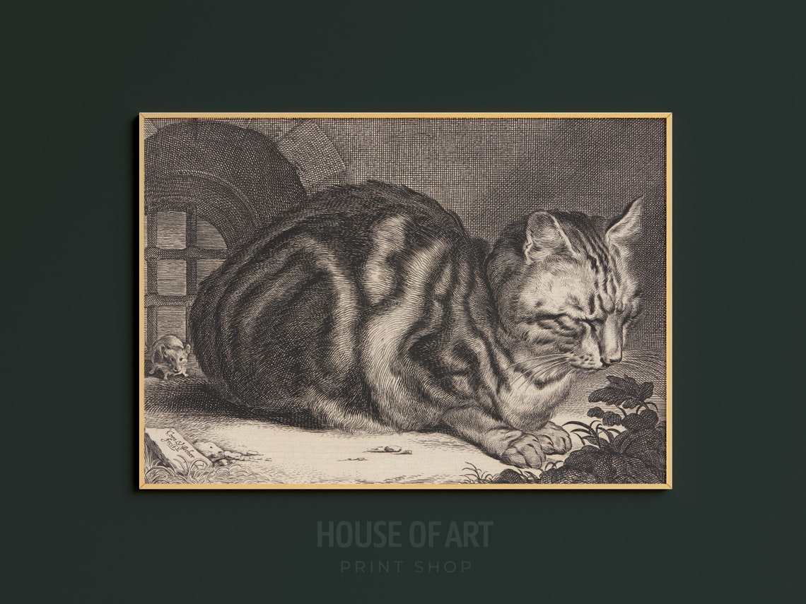 Sleeping Tabby Cat And Mouse Vintage Black White Etching Poster - Image 3